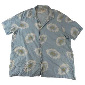 Folk Sunflower Linen Blend Short Sleeve Button Up Shirt Blue XL Mens Camp Collar